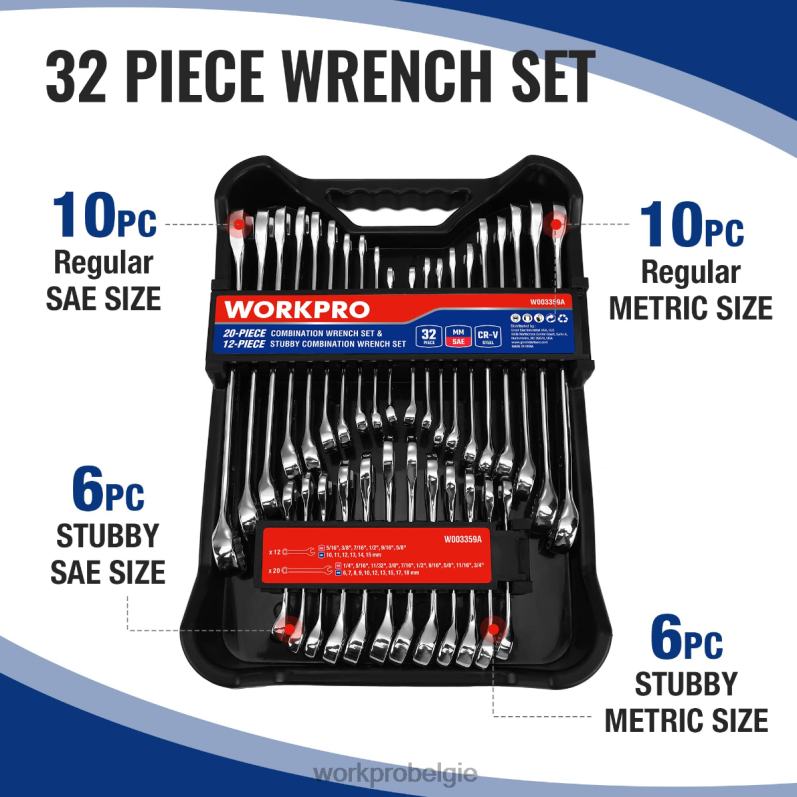 WORKPRO 32-delige sae- en metrische combinatie, 12-pt normale en stompe moersleutelset 6BNP092 hulpmiddel morden
