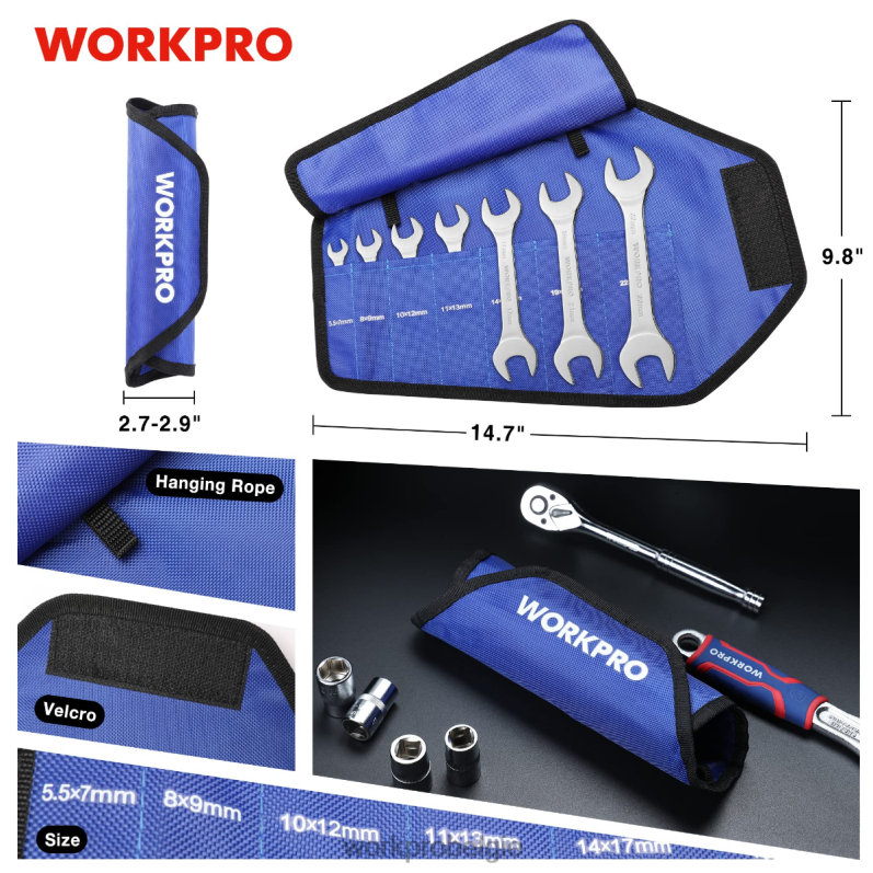 WORKPRO 7-delige metrische superdunne moersleutelset met oprolbaar organizerzakje 6BNP096 hulpmiddel behulpzaam