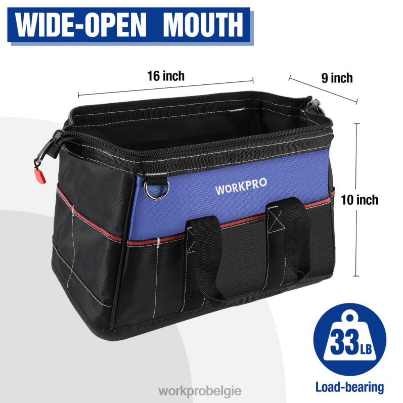 WORKPRO Gereedschapstas van 16 inch met brede opening, robuuste stoffen opbergtas voor gereedschap met waterdichte gegoten bodem, verstelbare schouderriem 6BNP024 opslag behulpzaam
