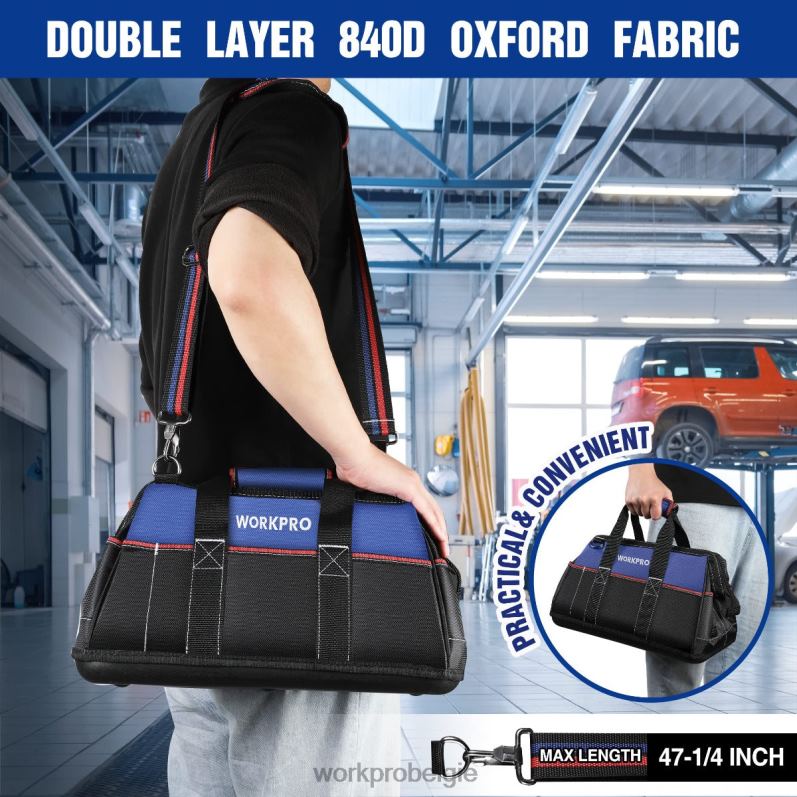 WORKPRO Gereedschapstas van 16 inch met brede opening, robuuste stoffen opbergtas voor gereedschap met waterdichte gegoten bodem, verstelbare schouderriem 6BNP024 opslag behulpzaam