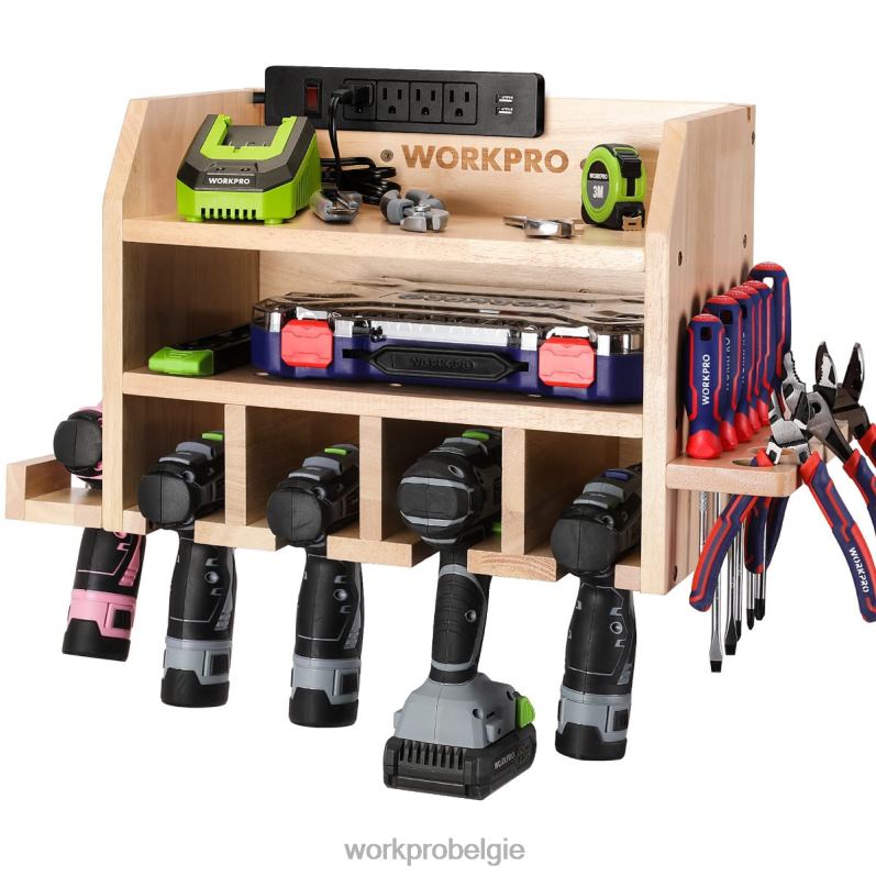 WORKPRO organizer voor elektrisch gereedschap, opbergruimte voor accuboormachines, wandhouder met 5 boorophangsleuven, massief houten gereedschapsopbergruimte 6BNP019 opslag behulpzaam