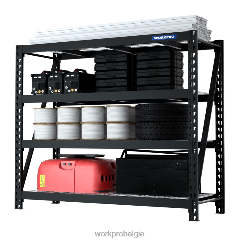WORKPRO Metalen garagerek met 4 niveaus, capaciteit van 7200 lbs, robuuste industriële verstelbare planken 6BNP010 opslag behulpzaam