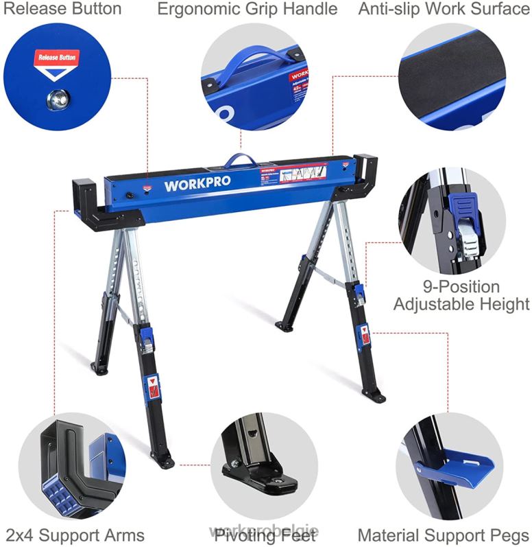 WORKPRO 2 stuks opklapbaar zaagbok, verstelbaar zwaar zaagbok met 2x4 steunarmen, 3000 lbs laadvermogen, 24-32 inch in hoogte verstelbare poten, draaibare voeten en steunharingen 6BNP035 opslag nieuw