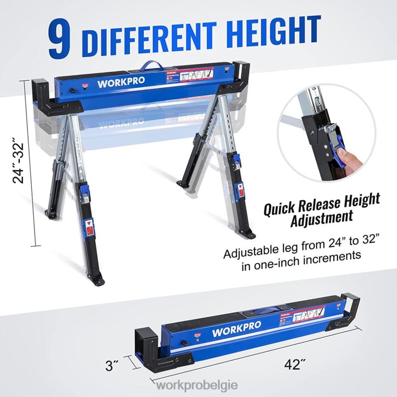 WORKPRO 2 stuks opklapbaar zaagbok, verstelbaar zwaar zaagbok met 2x4 steunarmen, 3000 lbs laadvermogen, 24-32 inch in hoogte verstelbare poten, draaibare voeten en steunharingen 6BNP035 opslag nieuw