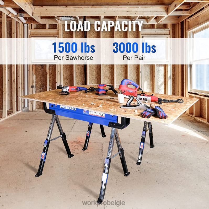 WORKPRO 2 stuks opklapbaar zaagbok, verstelbaar zwaar zaagbok met 2x4 steunarmen, 3000 lbs laadvermogen, 24-32 inch in hoogte verstelbare poten, draaibare voeten en steunharingen 6BNP035 opslag nieuw